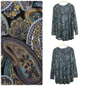 JJill Women TShirt Tunic Size XS Paisley Smocked Long Sleeve Blue Green Retro